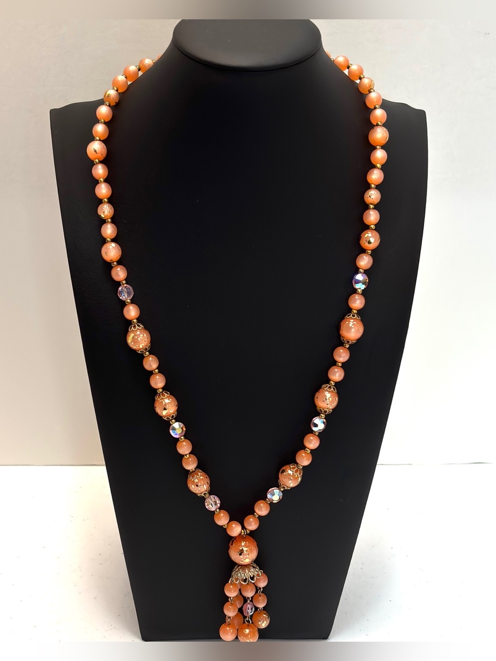 Vintage Peach Orange Moonglow Gold Flake AB Crystal Tassel Statement Necklace